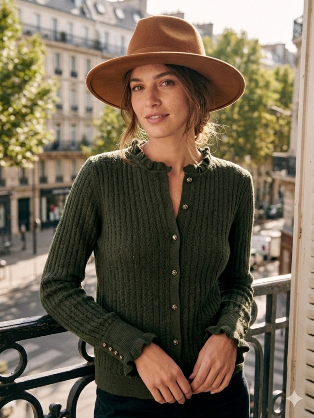 Sézane Olive Green Ribbed Button-Up Cardigan